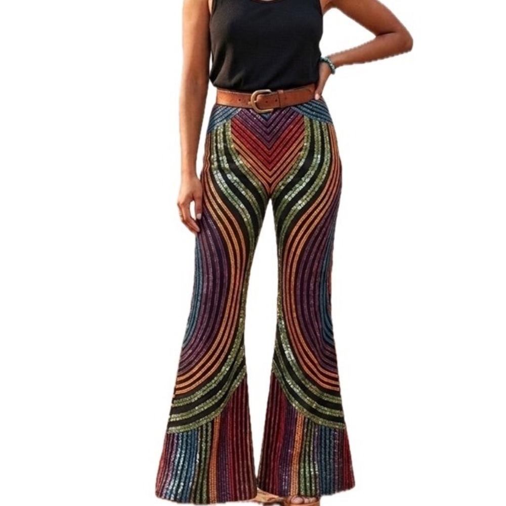 The Hippie Shake Rainbow Sequin Flare Pants High Waist 70s Retro Bell Bottoms 10